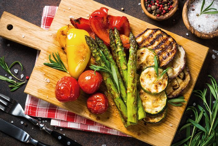 Grilled Vegetables Zucchini, Paprika, Eggplant, Asparagus And Tomatoes.