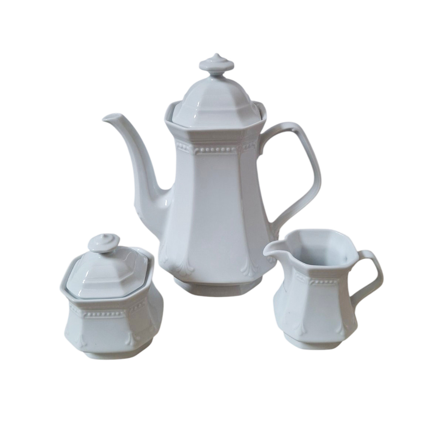 3-Piece Tea Serving Set, Bavarian Porcelain (Germany), Model: Monaco, White 3-Piece Tea Serving Set, Bavarian Porcelain (Germany), Model: Monaco, White